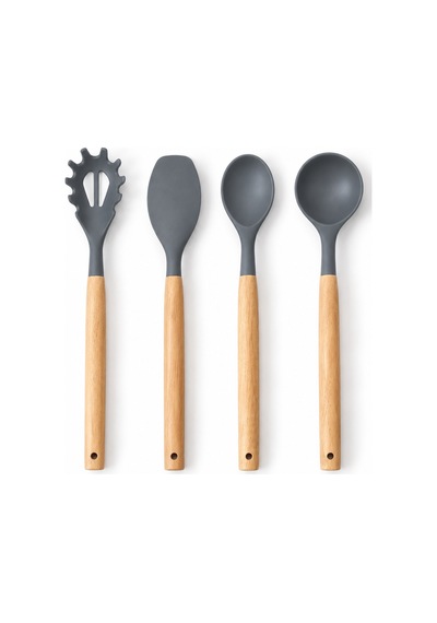 11 Parça Bambu Saplı Isıya Dayanıklı Silikon Mutfak Gereçleri Seti Kepçe Spatula Maşa Çırpıcı Gri