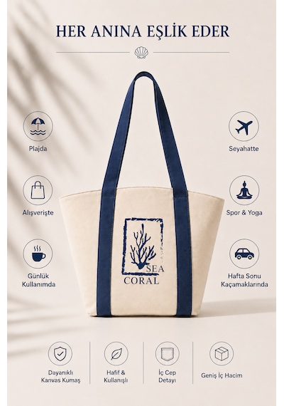 İcone Bag Kanvas Plaj Çantası, Lacivert Kolon Saplı Plaj Çantası, Ham Kanvas Çanta, Laci Baskılı Plaj Çantası
