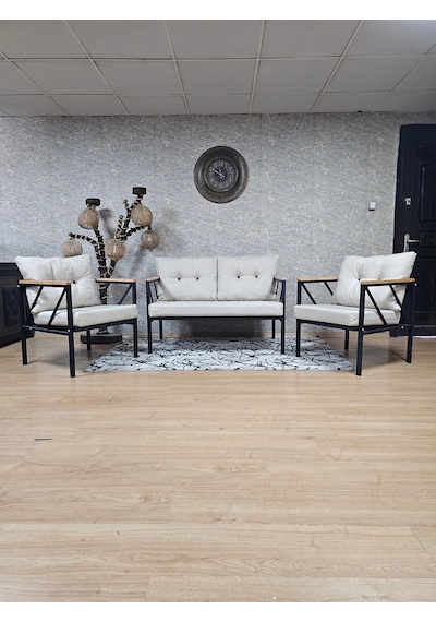 Zafir Siyah Boyalı Bahçe - Balkon - Mutfak Çay Seti Takımı Bahçe Koltuk Takımı Krem