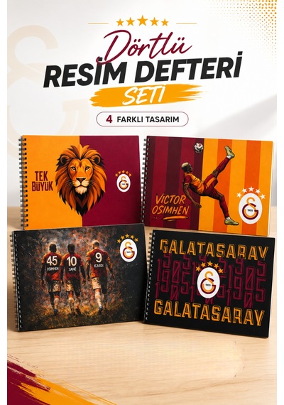 Galatasaray Lisanslı Spiralli Resim Defteri Seti - 4lü Farklı Tasarım 15 Yaprak 17x24 Okul Boy
