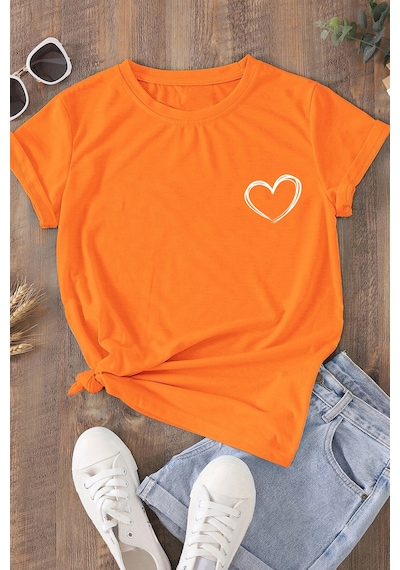 Unisex Hearts Baskılı Tasarım Tshirt Turuncu