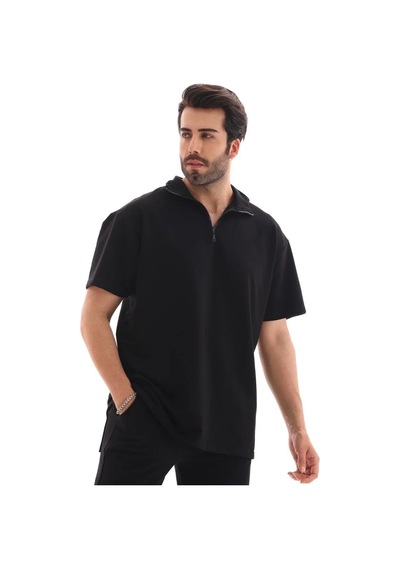 Erkek Yarım Fermuarlı Düz Oversize T-shirt - Siyah