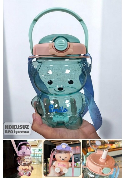 Şeffaf Smile Ayıcık Su Matarası Turqu 1000ml Askılı Çocuk Su Şişesi Pipetli Sızdırmaz Kokusuz Suluk Diğer