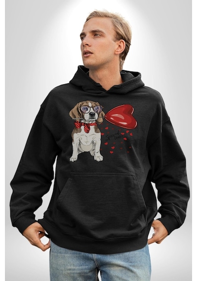 Poodle Ve Beagle Sevililer Günü Hediyesi Kadın Erkek Siyah Kapüşonlu Sweatshirt Hoodie Siyah