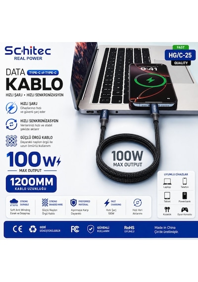 Schitec 100w Type-c To Type-c Süper Hızlı Data Ve Şarj Kablosu Siyah 1.2 Metre Hg/c-25 1M