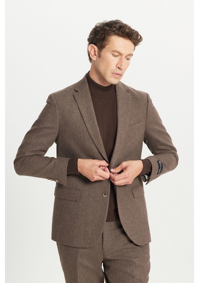 Altınyıldız Classıcs Lımıted Edıtıon Erkek Kahverengı Yünlü Slim Fit Dar Kesim Mono Yaka Kapak Cepli Esnek Takım Elbise Kahverengi