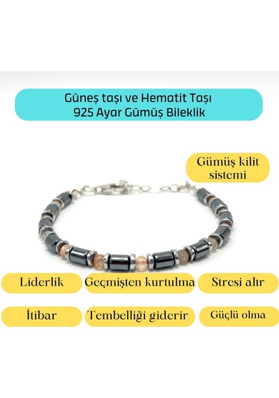 Yıldız Doğal Taş Güneş Taşı ve Hematit Doğal Taş Gümüş Bileklik 4 MM