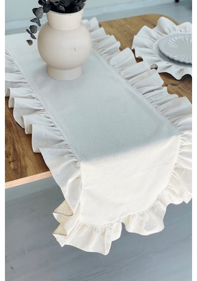 Pileli Keten Runner - Dekoratif Runner - Sehpa Örtüsü 40 x 110 CM Bej - Krem
