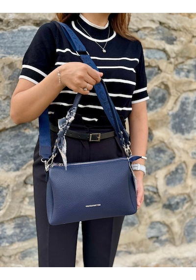 Kadın Orijinal Just Polo Yumuşak Deri Şal Detaylı Ayarlanabilir Askılı El Ve Omuz Çantası Shopper Lacivert