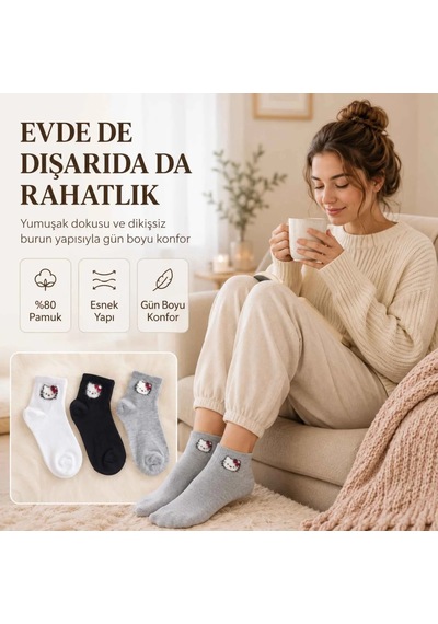 Genel Kadın Sevimli Kedi Desenli Bilek Çorap 3'lı %80 Pamuklu Dikişsiz, Siyah Çok Renkli 3'lü / 36-40 Genel Kadın Sevimli Kedi Desenli Bilek Çorap 3'lı %80 Pamuklu Dikişsiz, Siyah Çok Renkli 3'lü / 36-40