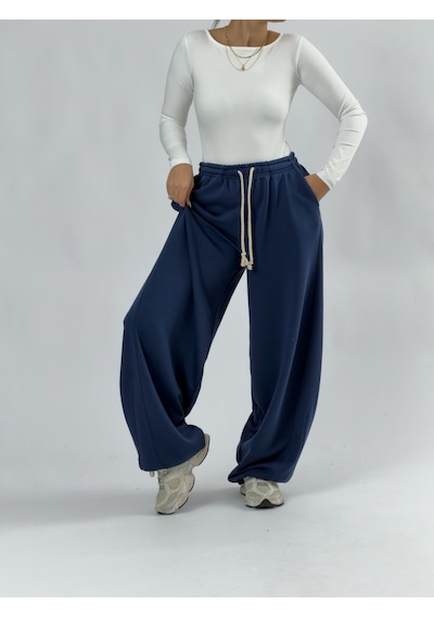 Cocopelli Tasarım Paça Ayarlamalı Lacivert Kadın Baggy Pantolon Coc3509