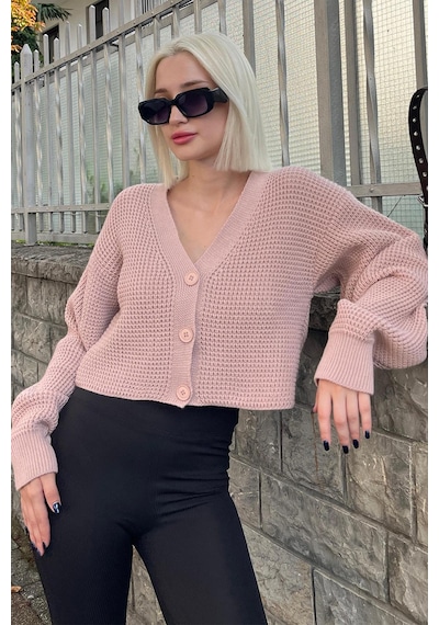 Madmext Pudra Uzun Kollu Düğmeli Crop Hırka Mg2198 Pudra