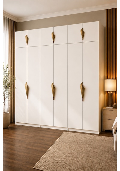 Gama 12 Kapaklı Askılı + Çekmeceli+ Askılı Raflı + Ek Modüllü Tasarım Kulplu 253 Cm Gardırop Elbise Dolabı Beyaz