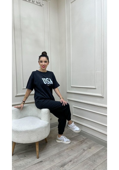 Usa T-shirt Eşofman Altı Jogger- Beyaz Baskılı Antrasit Eşofman Takım Oversize Bisiklet Yaka Antrasit-279580