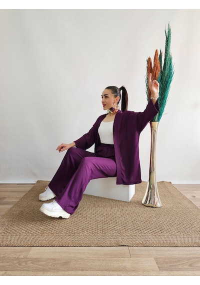 İpli Mor Renk Cep Detaylı Bol Paça Kimono Takım Mor