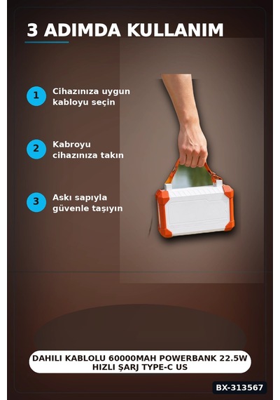 Bay Dahili Kablolu 60000mah Powerbank 22.5w Hızlı Şarj Type-c Usb Çıkışlı Dijital Göstergeli Bx-313567 Najmaddi Standart