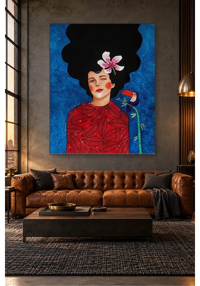 Fida Göz Kırpan Kız Ve Tukan Kuşu Canvas Tablo Çok Renkli