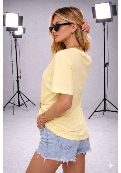 Ribana Kadın Bisiklet Yaka Kısa Kollu Gold Yan Toka Detaylı T-shirt 5035 Sarı