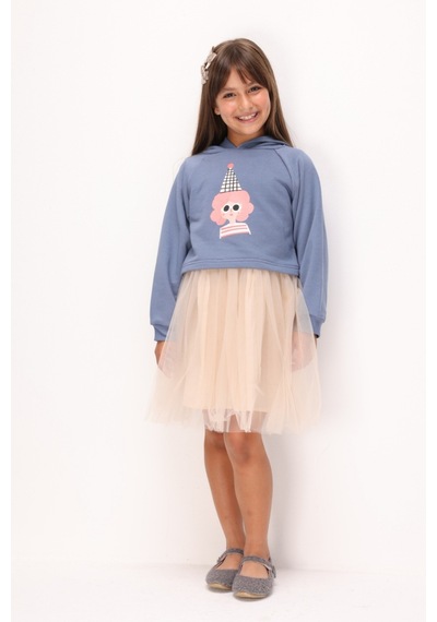 Le Mabelle İndigo Baskılı Kız Çocuk Kapüşonlu Sweatshirt Ve Elbise Takım - Fawn İndigo