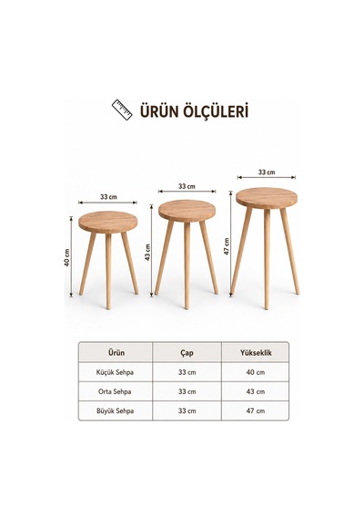 Zigon Sehpa Atlantik Çam 3'lü Ahşap Ayaklı Yuvarlak Modern Yan Sehpa Seti Atlantik Çam Atlantik Çam