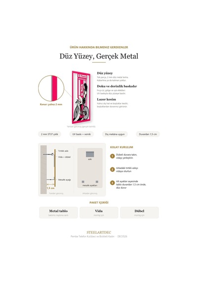 Pembe Telefon Kulübesi Ve Bisikletli Kadın Metal Tablo 91x125 Cm Çok Renkli