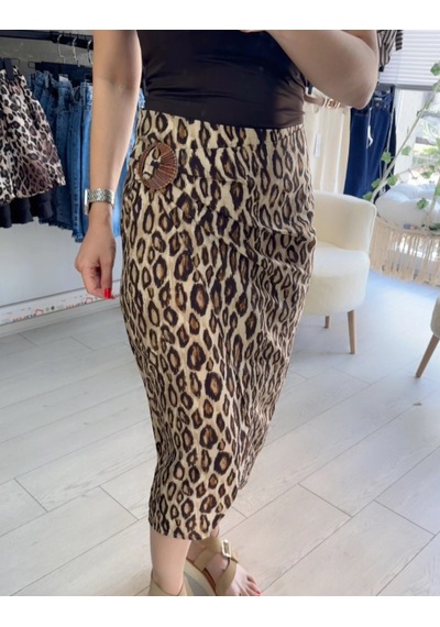 Leopar Tokalı Etek Kahverengi