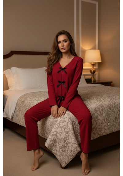 Fantezia Night Kadın Bordo Fiyonklu İç Çamaşırı Ve Uzun Kollu V Yaka Pijama Takımı 4'lü Set