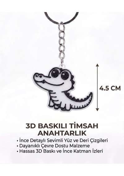 3d Baskılı Timsah Anahtarlık Beyaz - Siyah