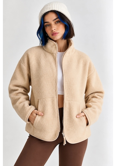 Mevese Oversize Dik Yaka Biyeli Fermuarlı Cepli Teddy Peluş Ceket- Bej