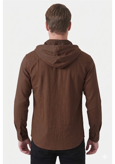 Deep Sea Deepsea Kahve Kapüşonlu Likralı Kot Gömlek Slim Fit Çıt Çıt Kapamalı Erkek Gömlek 2300396
