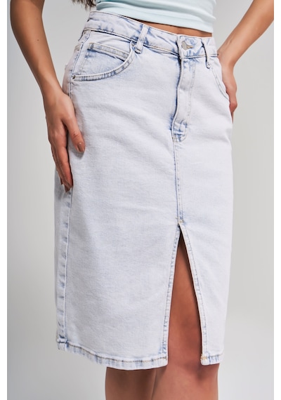 Itsbasic Kadın İce Kot Rengi Erica Esnek Kumaş Önden Yırtmaçlı Midi Boy Denim Etek Ice Rengi