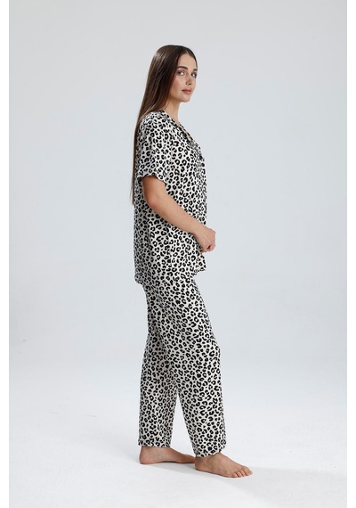 Kompedan Kadın Leopar Desen Önden Düğmeli Pijama Takım LEOPAR