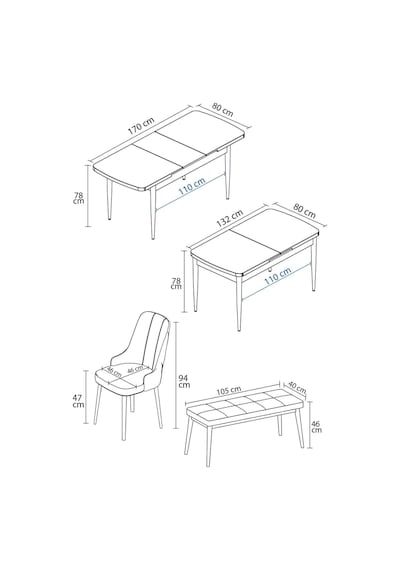 Mabel Siyah Mermer Desen 80x132 Açılabilir Yemek Odası Takımı 4 Sandalye, 1 Bench Cappucino