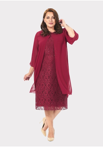 Lilas Xxl Büyük Beden Bordo Renkli Dantelli Dantelli Şifon Ceketli Abiye Elbise