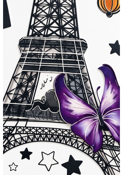 3d Renkli Eyfel Kulesi Duvar Stickerı 32x50 Cm Mor Kelebekli Paris Temalı Oda Duvar Dekorasyonu