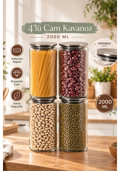 Porsima S-2091 Sarina 4'lü Çizgili Cam Kavanoz Seti 2000 Ml Metal Vakum Kapaklı Büyük Boy Mutfak Kiler Erzak Ve Bakliyat Saklama Kabı Cam - Şeffaf