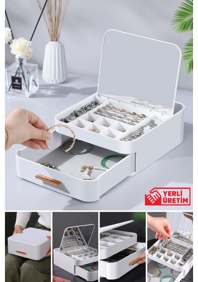House By House Çekmeceli Aynalı Çok Bölmeli Makyaj Takı Organizer Krem Diğer