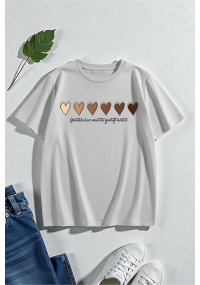Uyguntarz Unisex Hearts Baskılı Tasarım Tshirt Gri