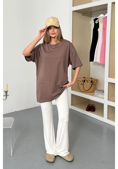 Giysa Kadın Bisiklet Yaka Oversize %100 Pamuklu Basic T-shirt Açık Kahverengi - 26y 26501 Açık Kahverengi