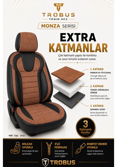 Volvo V40 2012-2019 Uyumlu Monza Serisi Taba Siyah Oto Koltuk Kılıfı