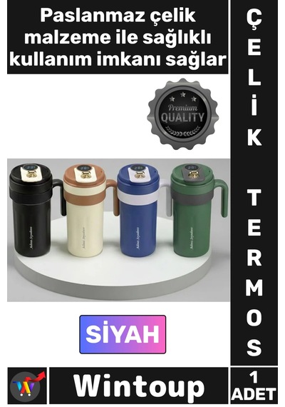 Termos Lüks Isı Sıcak Soğuk Sızdırmaz Akıllı Matara Dijital Göstergeli Kulplu Siyah Çelik Termos Çok Renkli