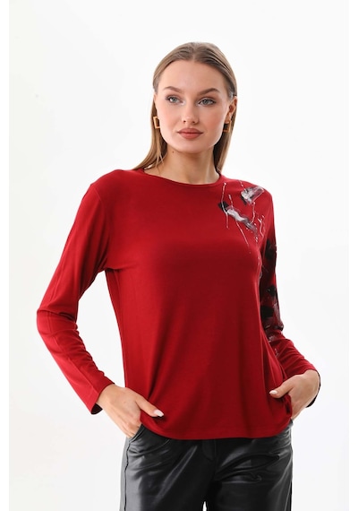 Sistas Kadın Desenli Bisiklet Yaka Uzun Kol Bluz 23598 Bordo
