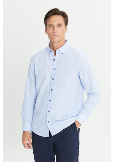 Erkek Acık Mavı Slim Fit Dar Kesim Düğmeli Yaka Pamuklu Gömlek Acık Mavı