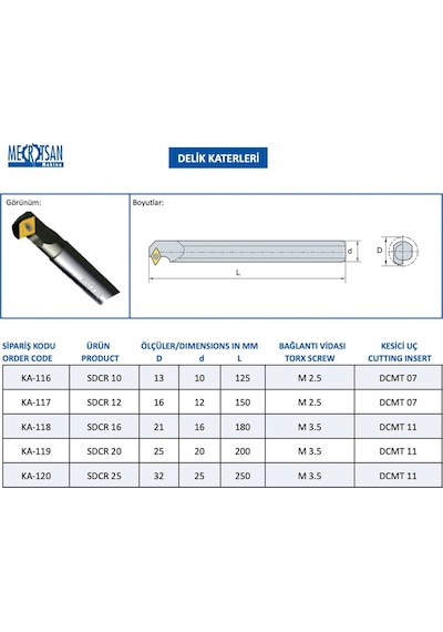 Mertsan Torna Delik Kateri SDCR 20 20x200 Mm Takım Ölçüsü, 90 Derece, Dcmt 11 Kesici Uç Kullanır