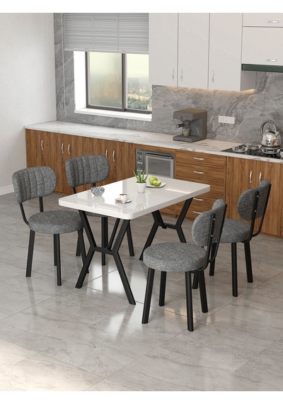 Azra 70x110cm Beyaz Mutfak Masası, Mutfak Masası Takımı, Yemek Masası, 4 Koyu Gri Sandalye Koyu Gri