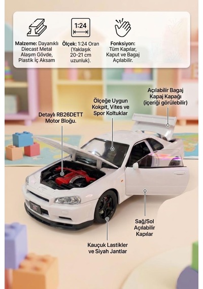 Hobiez World Orjinal 1:24 Lisanslı Nissan Skyline Gtr Kapıları Kaputu Açılabilir Model Oyuncak Araba Beyaz