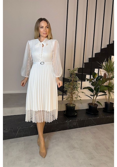 Ges Moda G0015 Dantel Detay Piliseli Elbise Beyaz-beyaz Beyaz