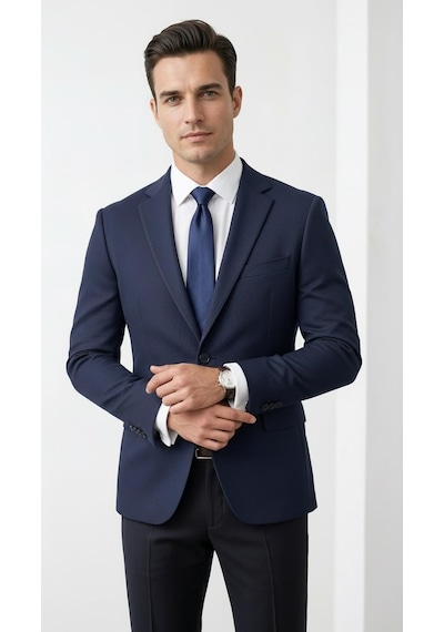 Plus Scorpion Ck 142 Slim Fit Mikro Desenli Erkek Ceket Yazlık Pike Kumaş Çift Yırtmaç Blazer Lacivert
