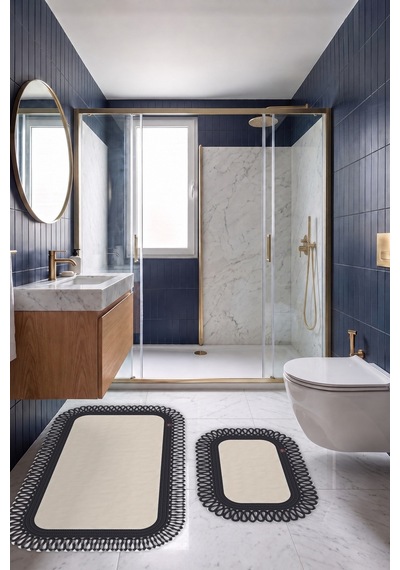 Banyo Paspası Takımı 70x110+50x70 Cm Dış Trikot Ekru & Siyah