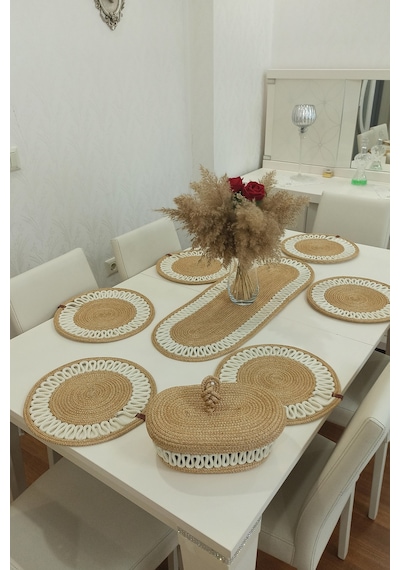 Kaan Home 6 Lı Supla 1 Runner 1 Kapaklı Örgü Ekmek Sepeti Seti Bej Krem Desenli Sunumluk Bej
